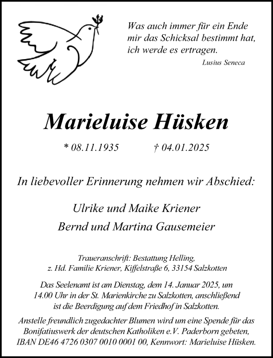 Traueranzeige von Marieluise Hüsken von Neue Westfälische