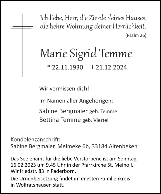 Traueranzeige von Marie Sigrid Temme von Neue Westfälische