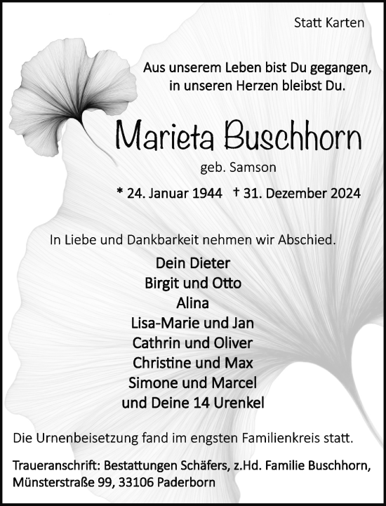 Traueranzeige von Marieta Buschhorn von Neue Westfälische und Westfalen-Blatt