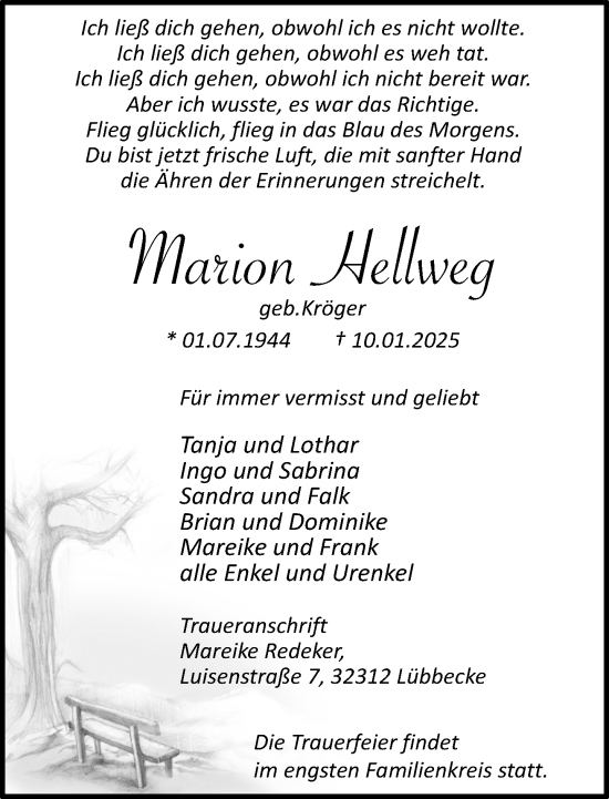 Traueranzeige von Marion Hellweg von Neue Westfälische