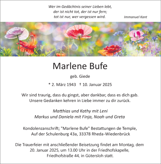 Traueranzeige von Marlene Bufe von Neue Westfälische