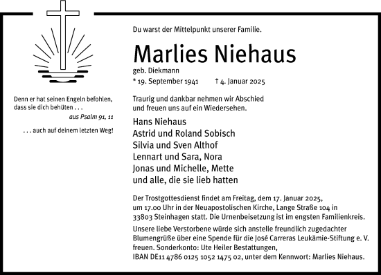 Traueranzeige von Marlies Niehaus von Neue Westfälische