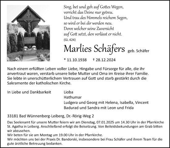 Traueranzeige von Marlies Schäfers von Neue Westfälische