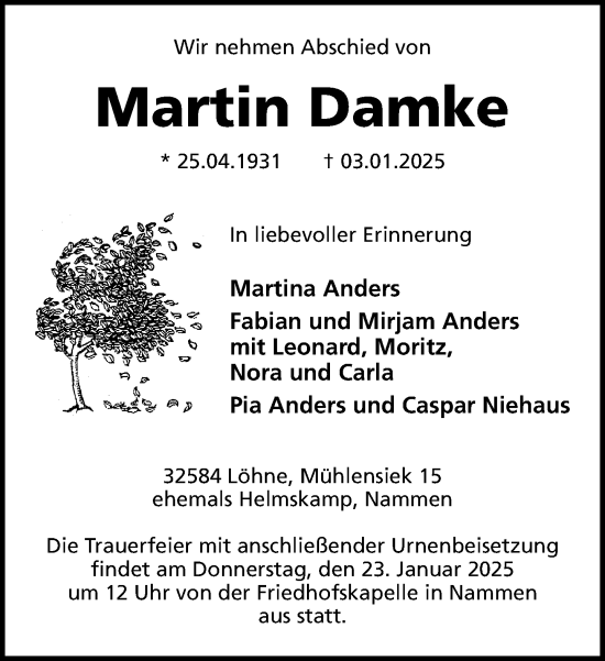 Traueranzeige von Martin Damke von Neue Westfälische und Westfalen-Blatt