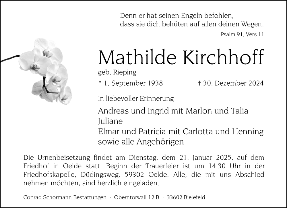  Traueranzeige für Mathilde Kirchhoff vom 11.01.2025 aus Neue Westfälische
