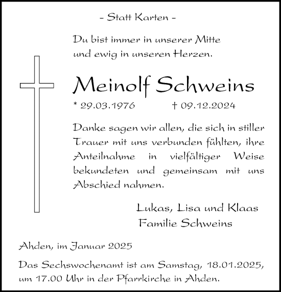 Traueranzeige von Meinolf Schweins von Neue Westfälische
