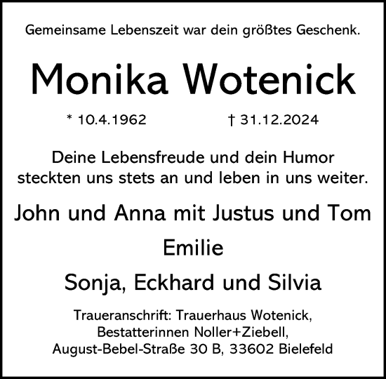 Traueranzeige von Monika Wotenick von Neue Westfälische