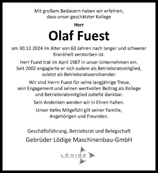 Traueranzeige von Olaf Fuest von Neue Westfälische