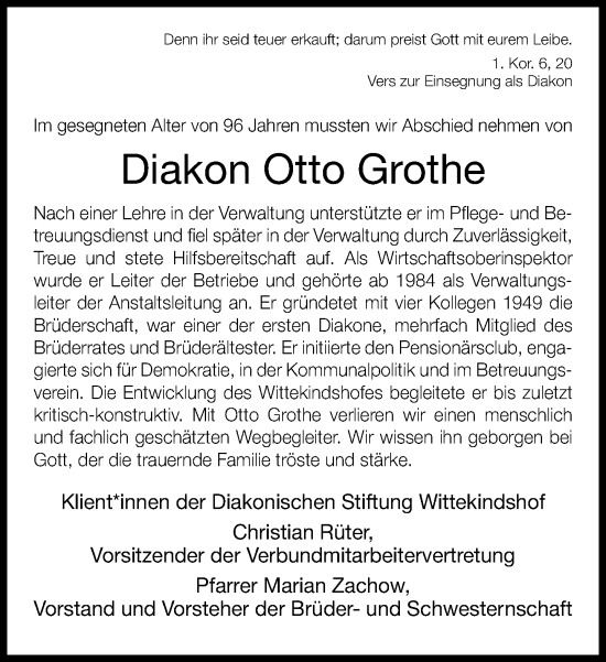 Traueranzeige von Otto Grothe von Neue Westfälische und Westfalen-Blatt
