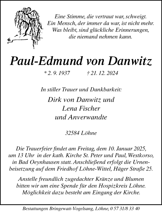 Traueranzeige von Paul-Edmund von Danwitz von Neue Westfälische