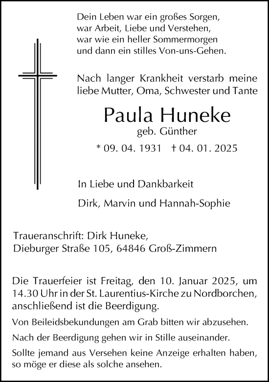 Traueranzeige von Paula Huneke von Neue Westfälische