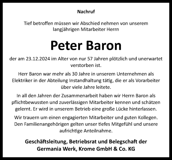 Traueranzeige von Peter Baron von Neue Westfälische