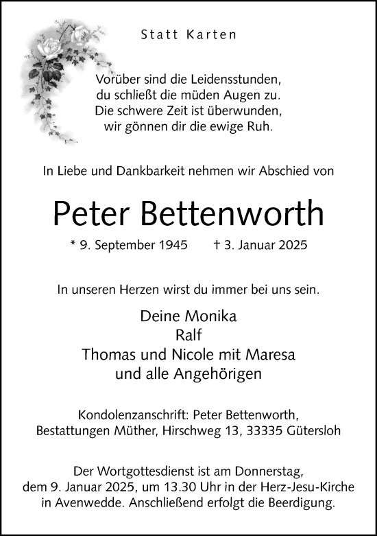 Traueranzeige von Peter Bettenworth von Neue Westfälische