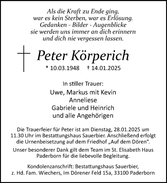 Traueranzeige von Peter Körperich von Neue Westfälische und Westfalen-Blatt