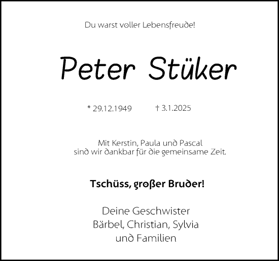 Traueranzeige von Peter Stüker von Neue Westfälische