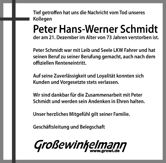 Traueranzeige von Peter Hans-Werner Schmidt von Neue Westfälische