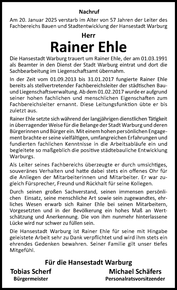  Traueranzeige für Rainer Ehle vom 25.01.2025 aus Neue Westfälische und Westfalen-Blatt