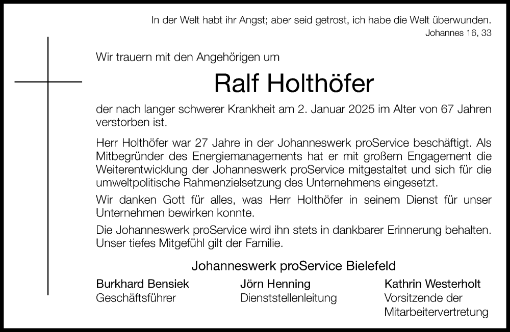  Traueranzeige für Ralf Holthöfer vom 18.01.2025 aus Neue Westfälische und Westfalen-Blatt