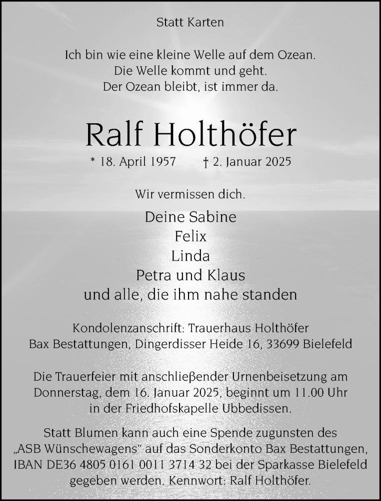  Traueranzeige für Ralf Holthöfer vom 11.01.2025 aus Neue Westfälische