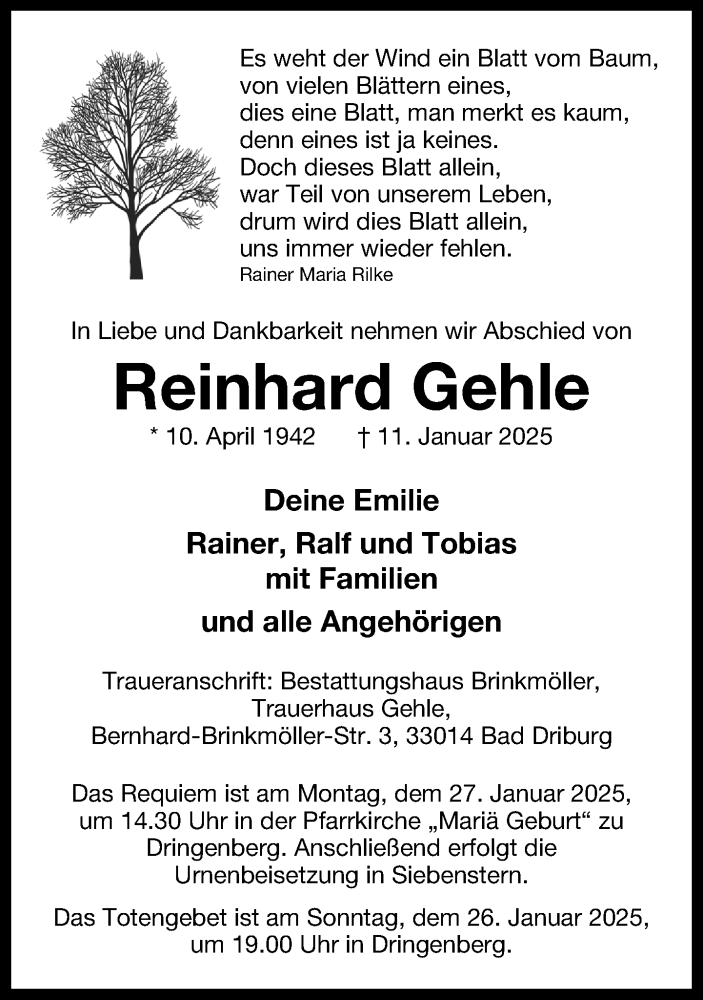  Traueranzeige für Reinhard Gehle vom 18.01.2025 aus Neue Westfälische und Westfalen-Blatt