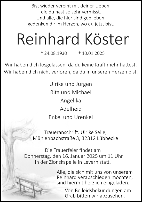 Traueranzeige von Reinhard Köster von Neue Westfälische