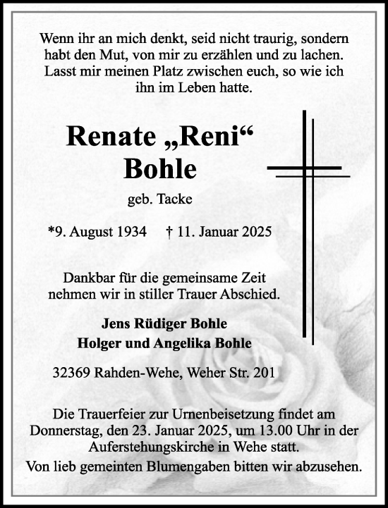 Traueranzeige von Renate Bohle von Neue Westfälische