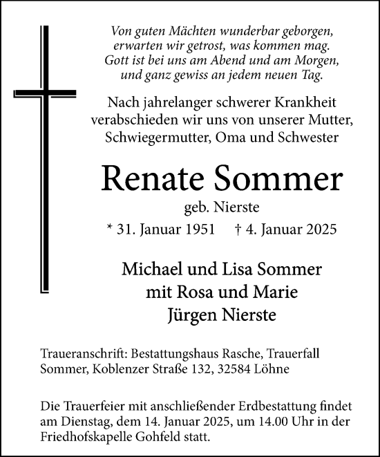 Traueranzeige von Renate Sommer von Neue Westfälische