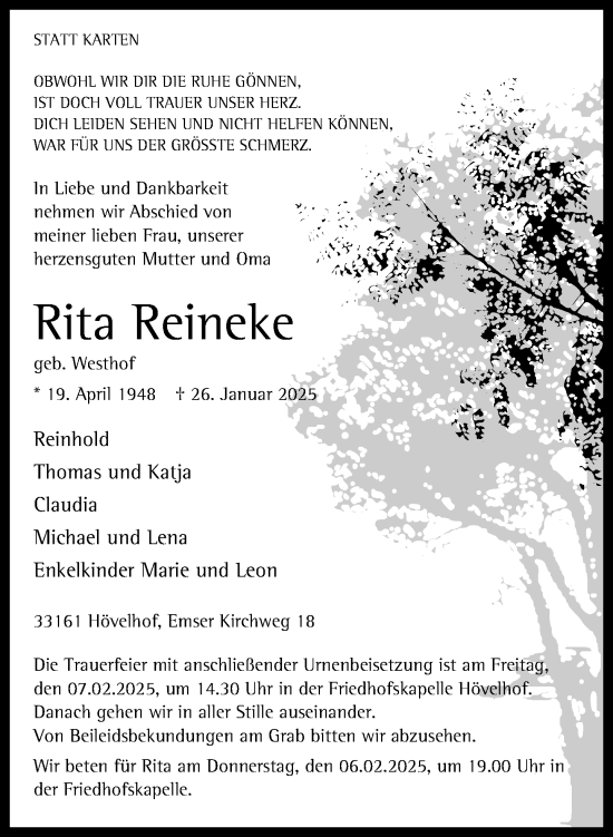 Traueranzeige von Rita Reineke von Neue Westfälische und Westfalen-Blatt