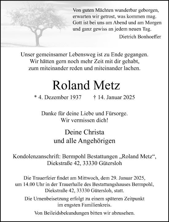 Traueranzeige von Roland Metz von Neue Westfälische und Westfalen-Blatt