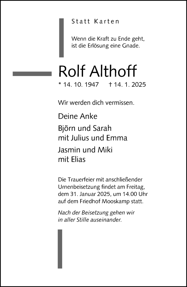  Traueranzeige für Rolf Althoff vom 18.01.2025 aus Neue Westfälische und Westfalen-Blatt