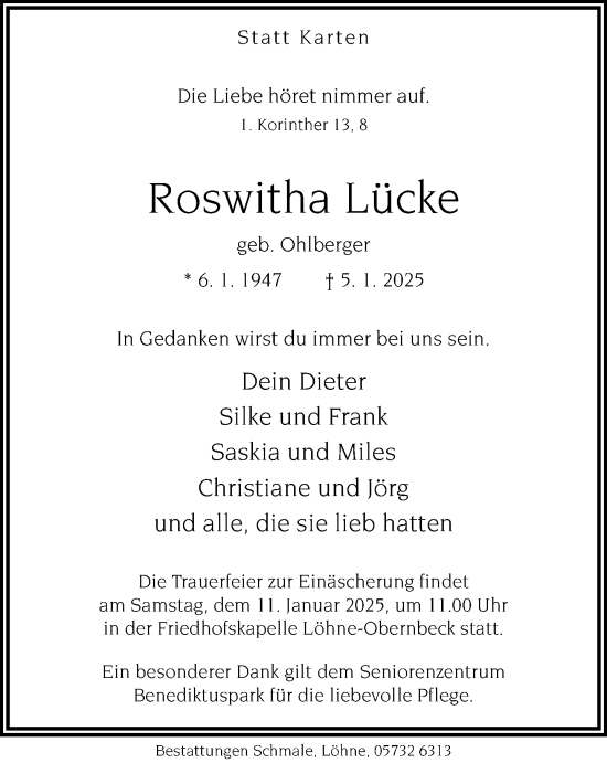 Traueranzeige von Roswitha Lücke von Neue Westfälische