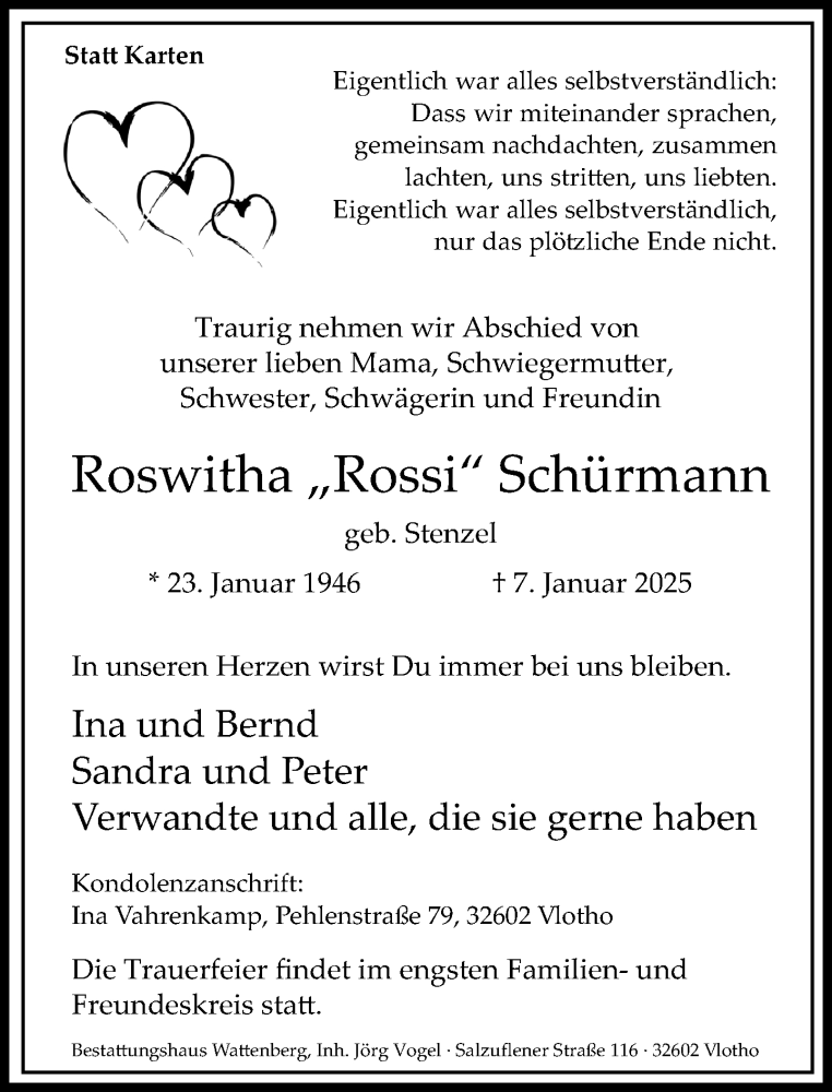  Traueranzeige für Roswitha Schürmann vom 18.01.2025 aus Neue Westfälische und Westfalen-Blatt