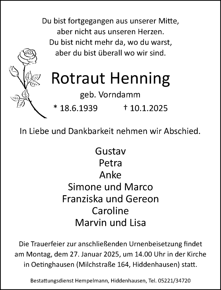  Traueranzeige für Rotraut Henning vom 18.01.2025 aus Neue Westfälische und Westfalen-Blatt