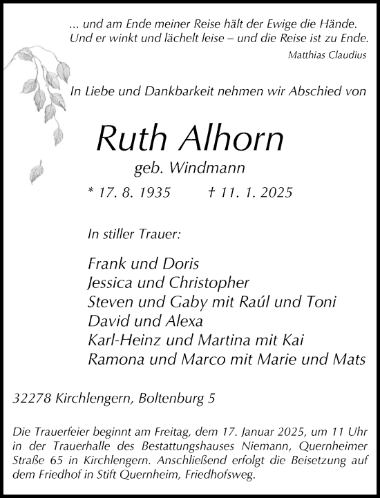 Traueranzeige von Ruth Alhorn von Neue Westfälische