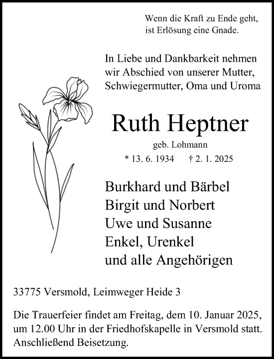 Traueranzeige von Ruth Heptner von Neue Westfälische