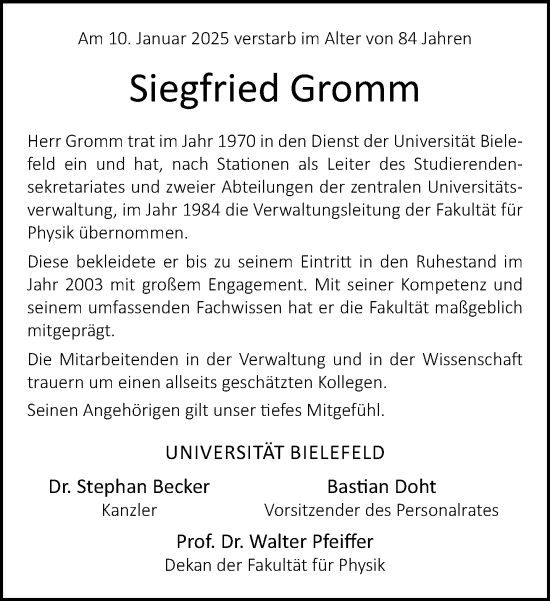 Traueranzeige von Siegfried Gromm von Neue Westfälische und Westfalen-Blatt