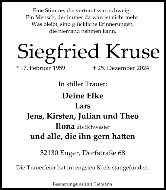 Traueranzeige von Siegfried Kruse von Neue Westfälische