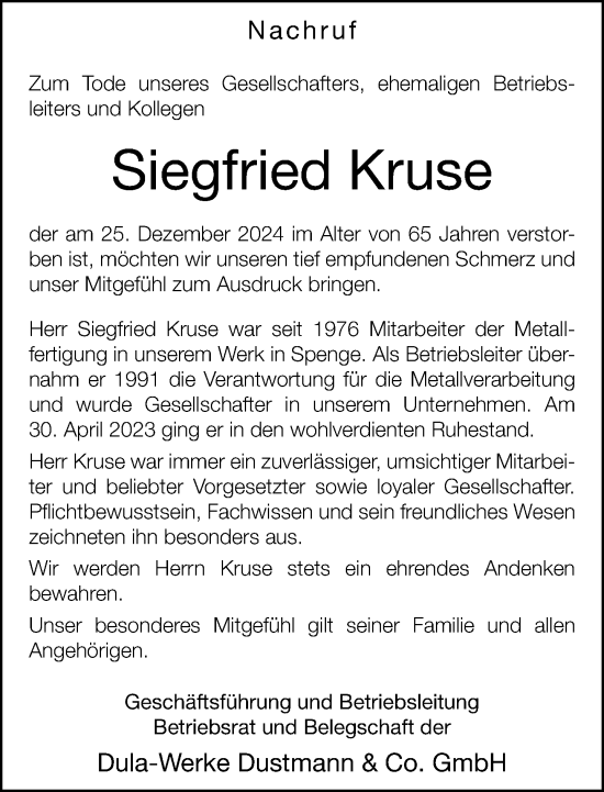 Traueranzeige von Siegfried Kruse von Neue Westfälische