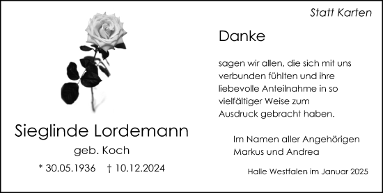 Traueranzeige von Sieglinde Lordemann von Neue Westfälische und Westfalen-Blatt
