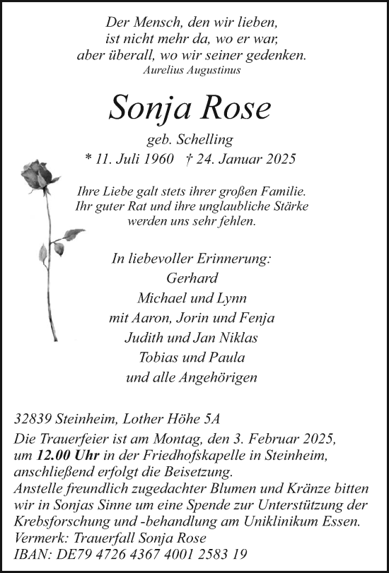 Traueranzeige von Sonja Rose von Neue Westfälische und Westfalen-Blatt