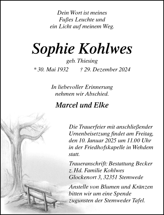 Traueranzeige von Sophie Kohlwes von Neue Westfälische