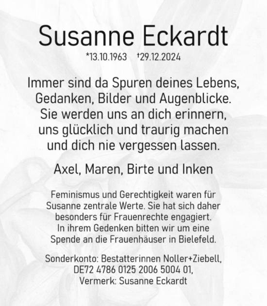 Traueranzeige von Susanne Eckardt von Neue Westfälische und Westfalen-Blatt