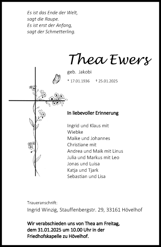 Traueranzeige von Thea Ewers von Neue Westfälische und Westfalen-Blatt