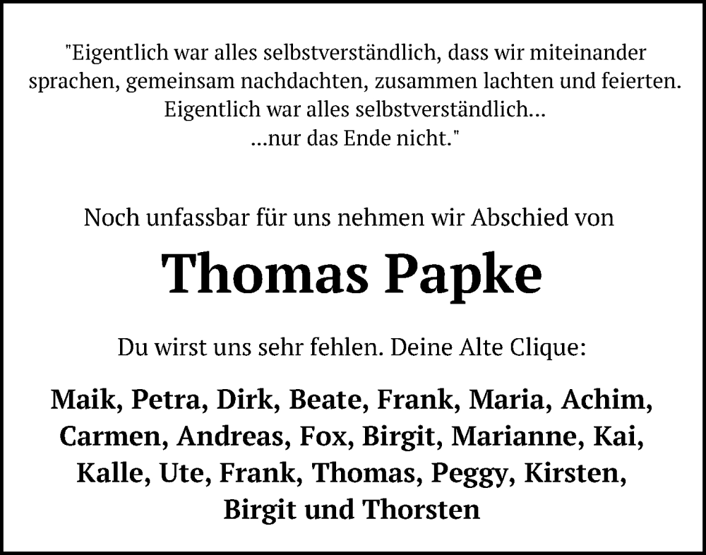  Traueranzeige für Thomas Papke vom 04.01.2025 aus Neue Westfälische