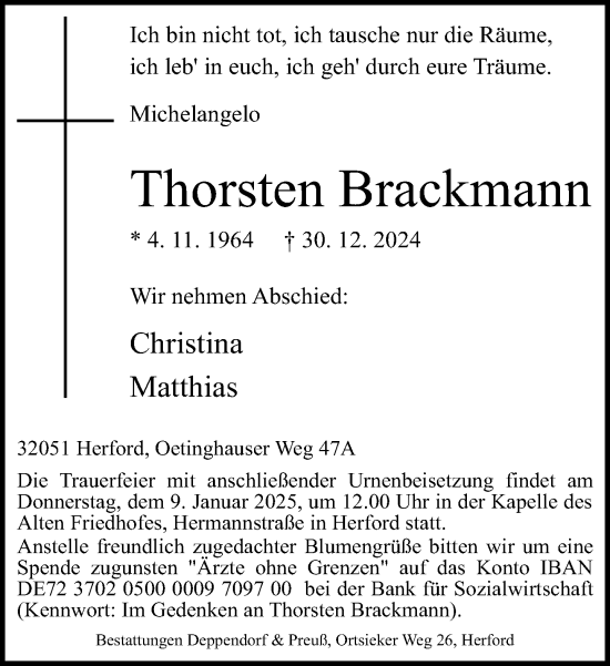 Traueranzeige von Thorsten Brackmann von Neue Westfälische