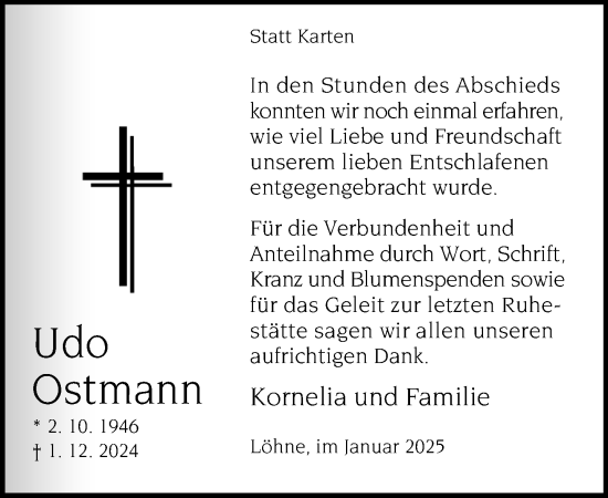 Traueranzeige von Udo Ostmann von Neue Westfälische und Westfalen-Blatt