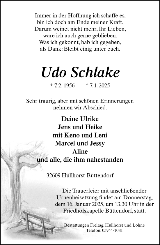 Traueranzeige von Udo Schlake von Neue Westfälische