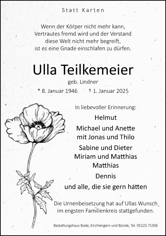 Traueranzeige von Ulla Teilkemeier von Neue Westfälische