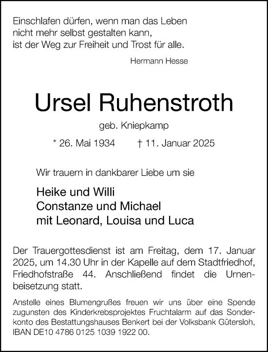 Traueranzeige von Ursel Ruhenstroth von Neue Westfälische