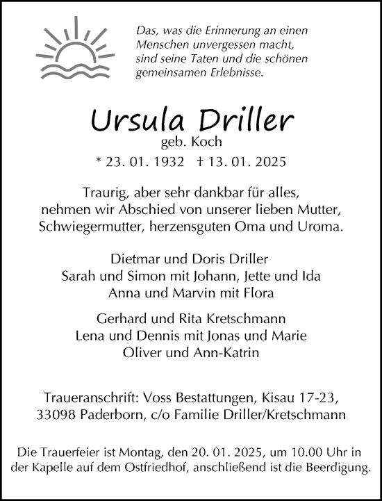 Traueranzeige von Ursula Driller von Neue Westfälische